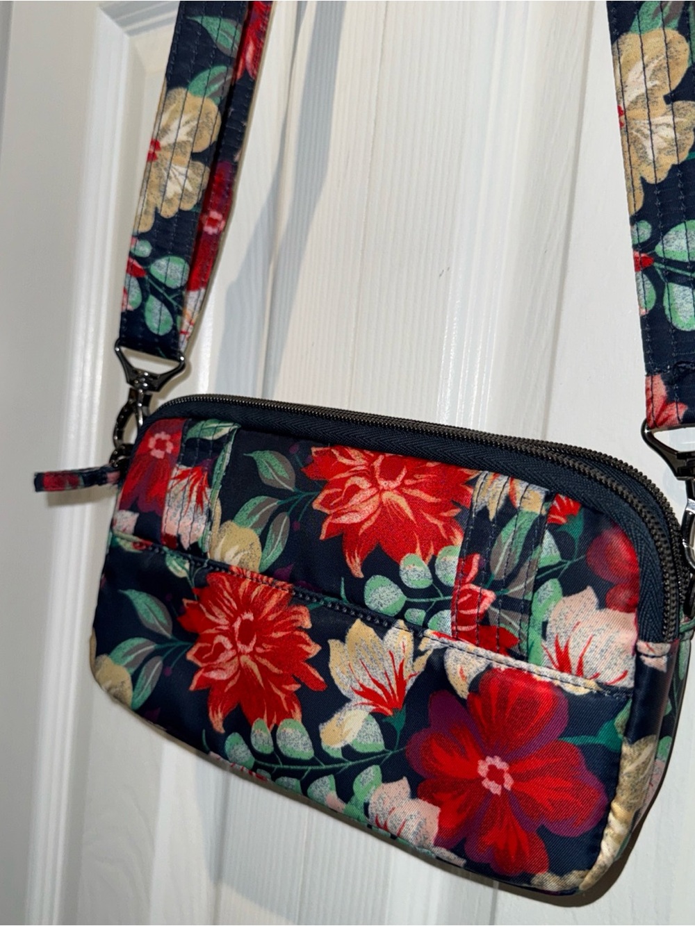 lug Navy Crossbody Bag with Red Floral Print